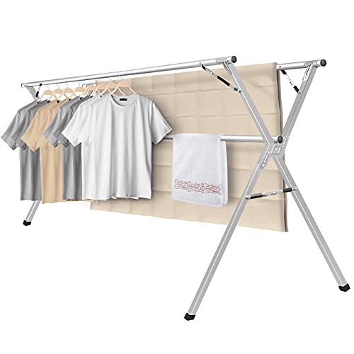 Sillars Clothes Drying Rack, 79 inches Laundry Drying Rack Clothing Foldable & Collapsible Stainless Steel Heavy Duty Clothing Drying Rack with Windproof Hooks for Indoor Outdoor